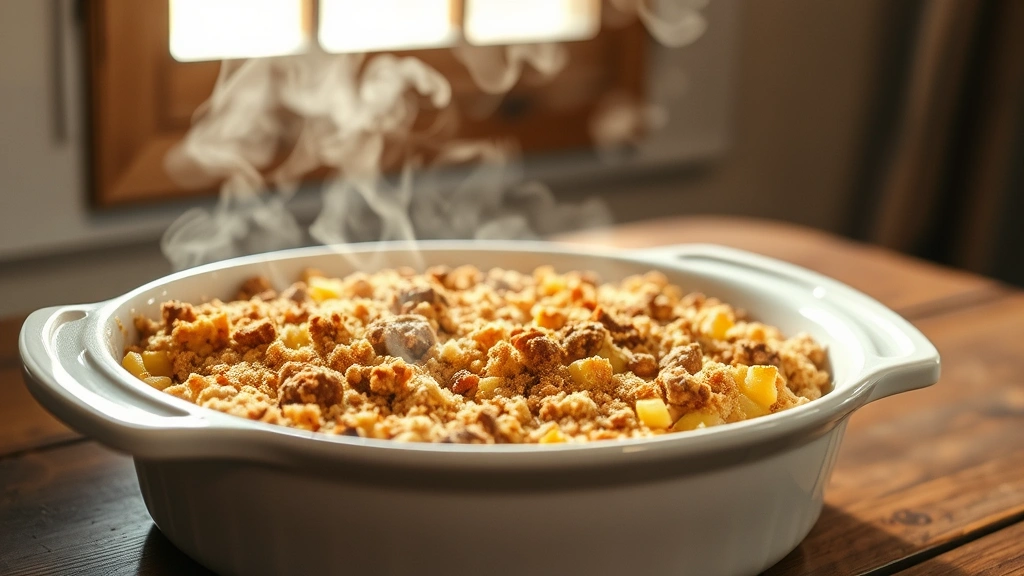 hero: golden-brown vegan casserole fresh from oven, crispy breadcrumb topping, steam rising, rustic white ceramic dish, wooden table, warm natural window light, no text