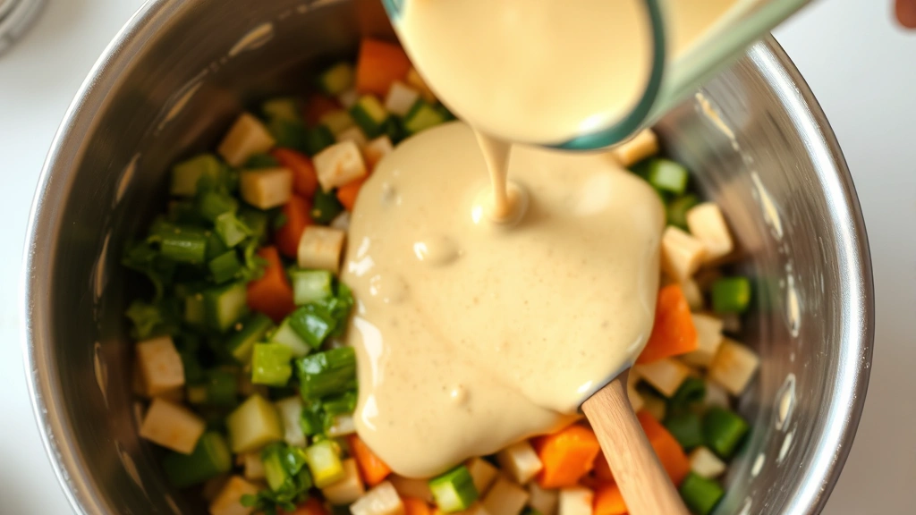 process: pouring creamy cashew sauce over diced vegetables in pot, wooden spoon stirring, bright kitchen lighting, close perspective, no text