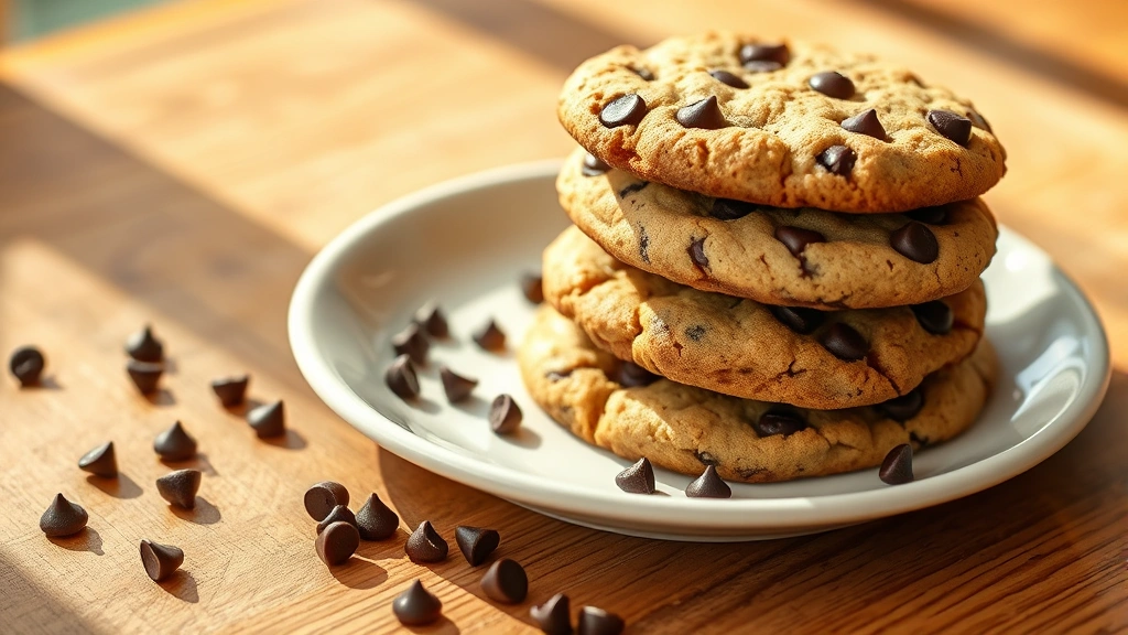 hero: Fresh baked vegan chocolate chip cookies stacked on a white ceramic plate with scattered chocolate chips, natural golden afternoon sunlight streaming across wooden surface, no text or watermarks