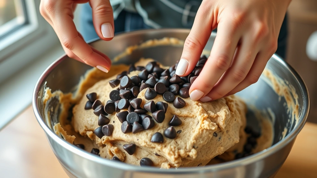 process: Hands folding chocolate chips into vegan cookie dough in a stainless steel mixing bowl, golden light from kitchen window, close professional photography, no text
