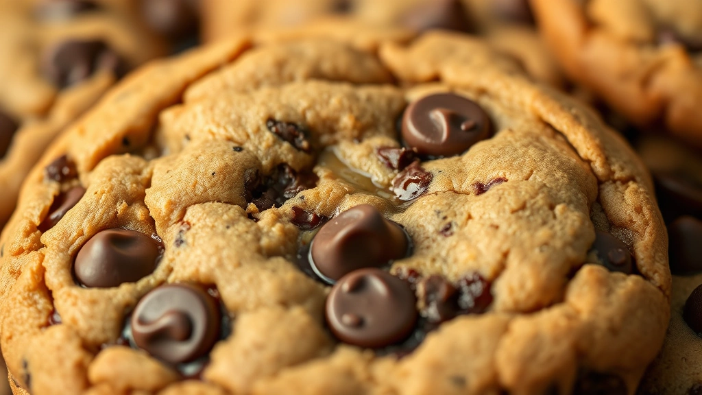 detail: Extreme close-up of single vegan chocolate chip cookie showing melted chocolate and chewy texture, warm natural light highlighting golden edges, no text or branding