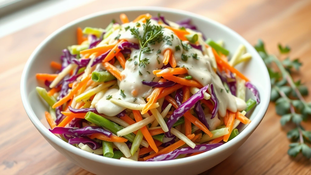hero: vibrant vegan coleslaw with shredded green and purple cabbage and orange carrots in a white bowl, creamy dressing glistening, fresh herbs sprinkled on top, natural window light, wooden table background, food styling, no text or watermarks