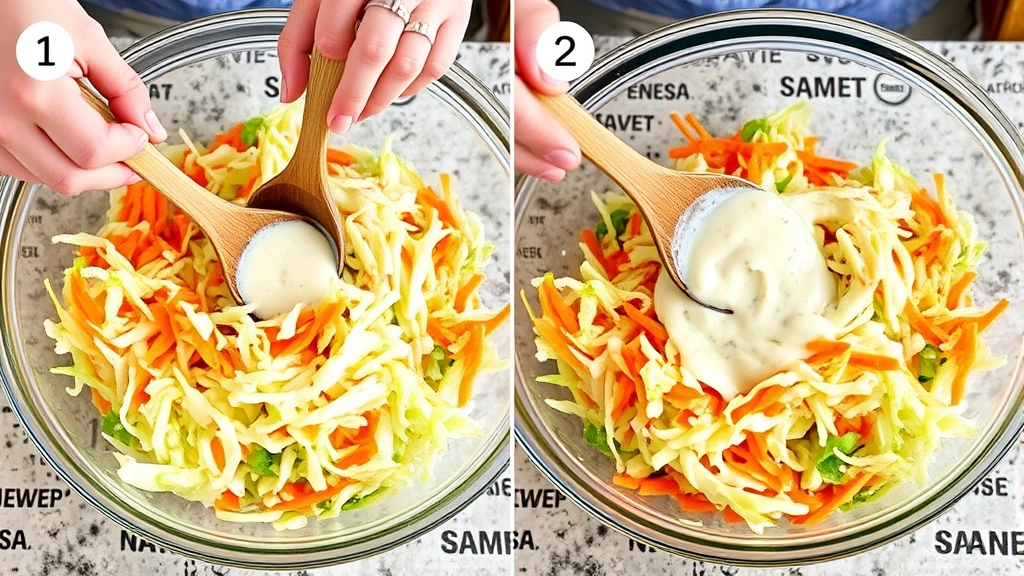 process: hands tossing shredded cabbage and carrots with creamy dressing in a large glass bowl using wooden spoon, vegetables glistening with dressing, natural daylight, kitchen counter setting, no text or watermarks