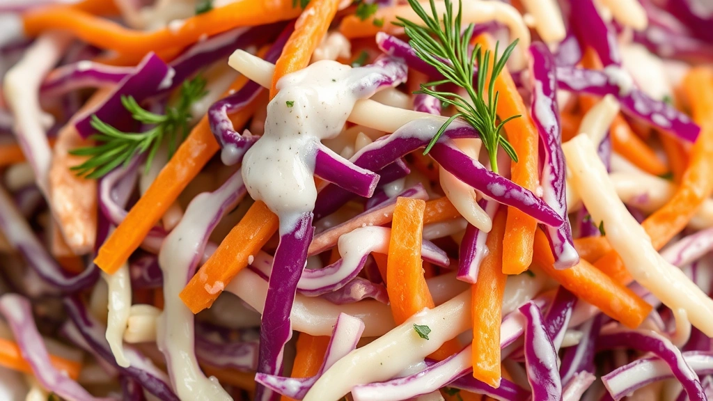 detail: close-up of vegan coleslaw showing texture of shredded vegetables, creamy dressing coating cabbage strands, purple and green cabbage visible, orange carrot shreds, fresh dill garnish, macro photography, natural light, no text or watermarks