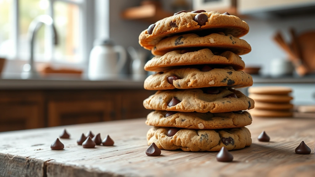 hero: stack of warm vegan chocolate chip cookies on rustic wooden surface with melted chocolate chips visible, golden-brown edges, natural window light, cozy kitchen background