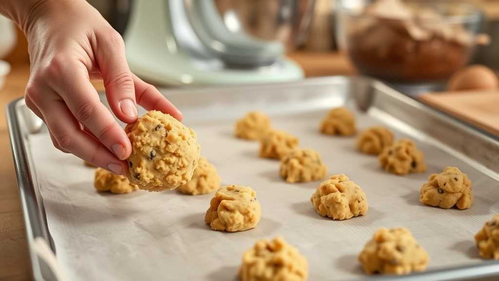 process: hands scooping cookie dough onto parchment-lined baking sheet, cookie dough texture visible, warm kitchen lighting, mixing bowl in background