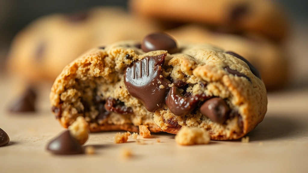 detail: close-up of single broken vegan cookie showing chewy center and melted chocolate chips, shallow depth of field, warm natural light highlighting texture