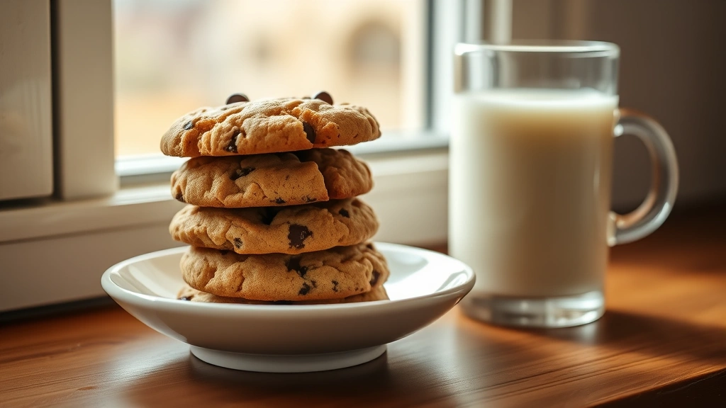 hero: golden-brown vegan chocolate chip cookies stacked on a white plate with a glass of plant-based milk, warm natural window light, wooden surface, cozy aesthetic