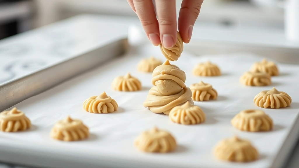 process: hands dropping cookie dough onto parchment-lined baking sheet, close-up action shot, natural kitchen lighting, soft focus background