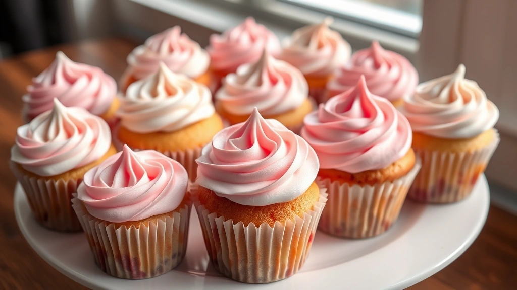 hero: dozen frosted vegan cupcakes with pink and white frosting, arranged on a white plate, natural window light, shallow depth of field, no text