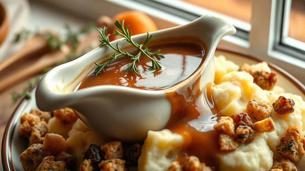 hero: beautiful vegan gravy in a ceramic boat, garnished with fresh thyme and parsley, poured over creamy mashed potatoes and stuffing, photorealistic, natural window light, warm autumn tones, no text