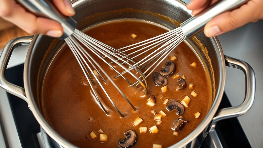 process: chef whisking vegan gravy in stainless steel saucepan showing rich brown color and creamy texture, chopped mushrooms and onions visible, photorealistic, natural kitchen light, no text