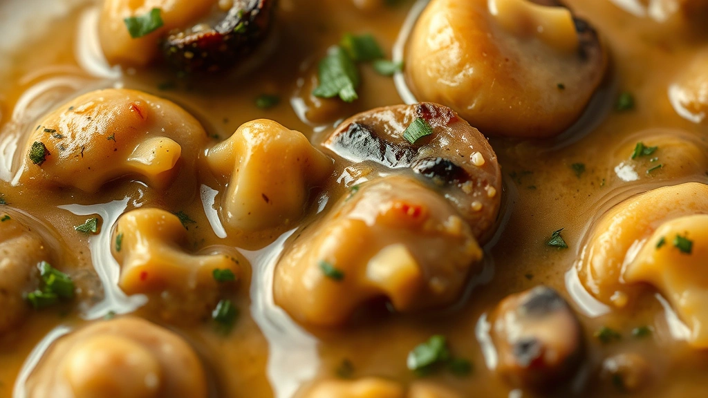 detail: close-up of thick, silky vegan gravy texture with visible mushroom pieces and herbs, creamy consistency, photorealistic, macro photography with shallow depth of field, natural light, no text