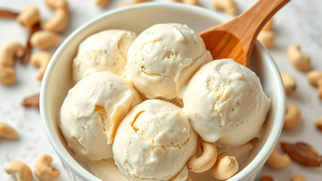 hero: three scoops of creamy vegan ice cream in a white bowl with a wooden spoon, vanilla bean specks visible, surrounded by fresh cashews and coconut, photorealistic, natural daylight from left side, no text