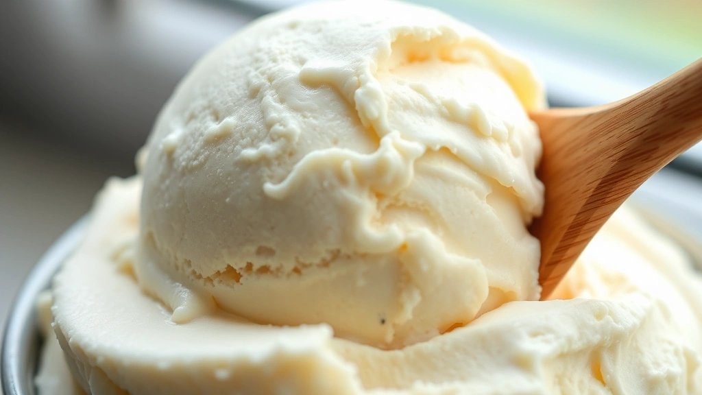 detail: close-up macro shot of perfectly scooped vegan ice cream showing creamy texture and smooth surface, wooden spoon in frame, photorealistic, soft natural window light, no text