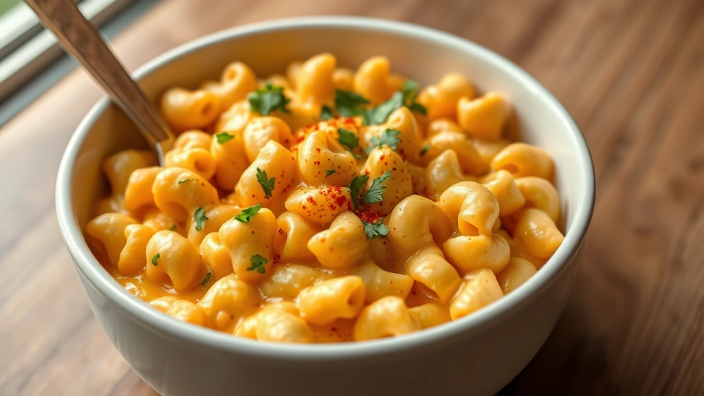 hero: creamy vegan mac and cheese in a white ceramic bowl, golden-orange cheese sauce coating elbow pasta, sprinkled with fresh parsley and paprika, wooden spoon visible, natural window light from left side, warm and inviting, photorealistic, no text or watermarks