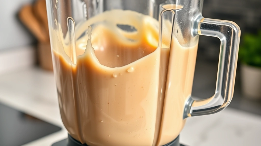 process: blending cashew sauce in high-powered blender, cream-colored mixture visible, stainless steel blender pitcher, kitchen counter setting, bright natural daylight, photorealistic, no text