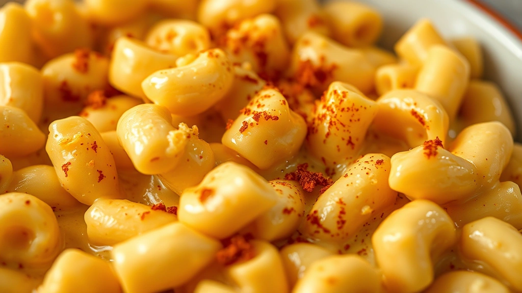 detail: close-up macro shot of creamy mac and cheese, individual pasta pieces coated in sauce, garnished with nutritional yeast and smoked paprika, shallow depth of field, warm golden lighting, photorealistic, no text