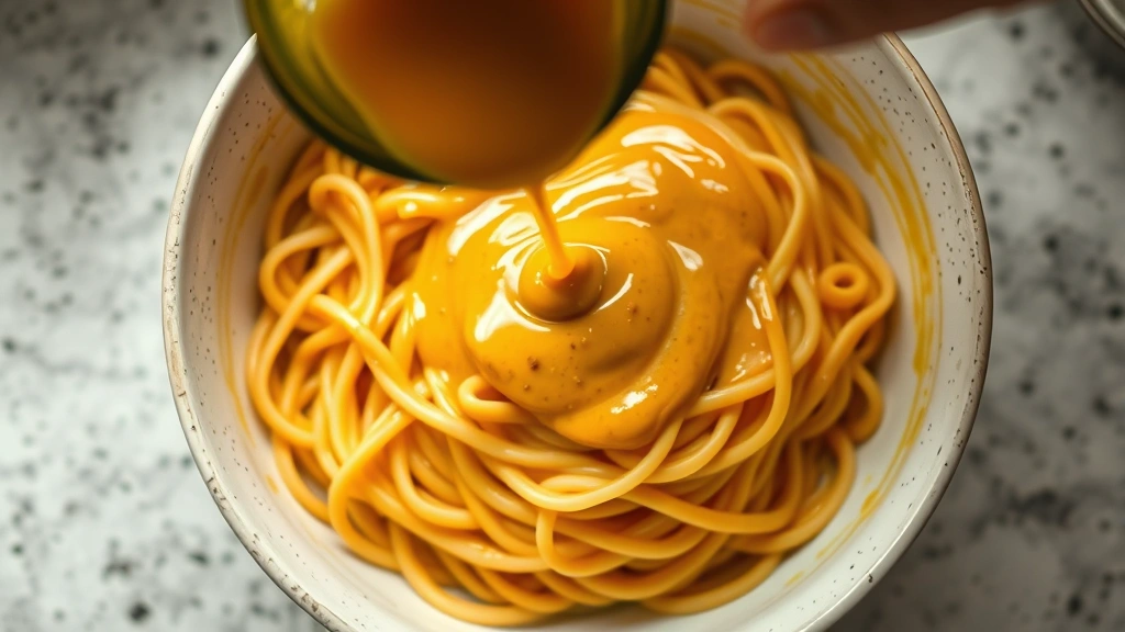 process: overhead view of pouring smooth cashew sauce into pasta bowl, golden yellow sauce coating elbow noodles, bright kitchen counter lighting, shallow depth of field