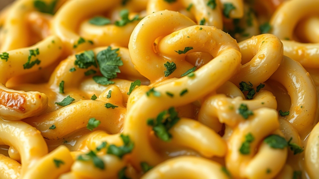 detail: close-up macro shot of creamy mac and cheese showing individual noodles coated in rich cashew sauce, fresh herbs scattered on top, golden-orange sauce, soft natural lighting, extreme close-up