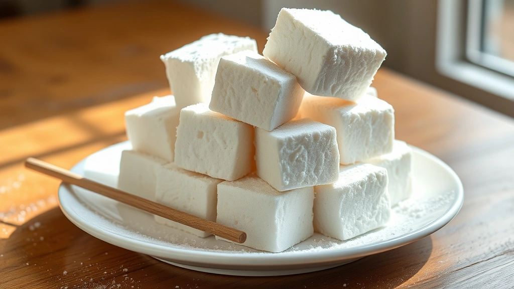 hero: fluffy white vegan marshmallows dusted with powdered sugar and cornstarch, stacked on a white plate with a stick beside them, photorealistic, natural window light streaming from left, no text, wooden table background