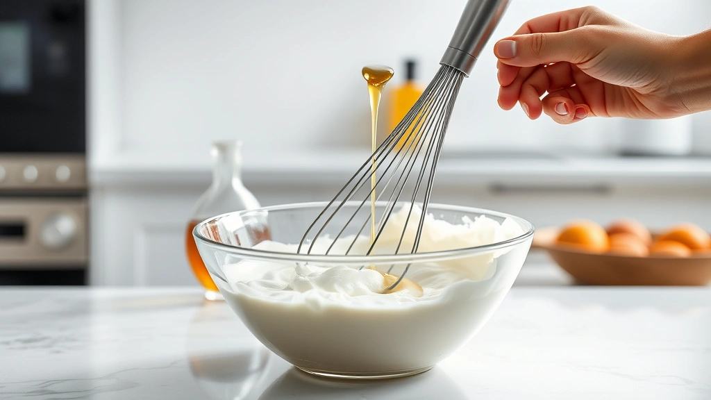 process: hand whisking aquafaba in glass bowl creating stiff peaks, golden syrup being poured in background, photorealistic, bright natural light, no text, modern kitchen setting