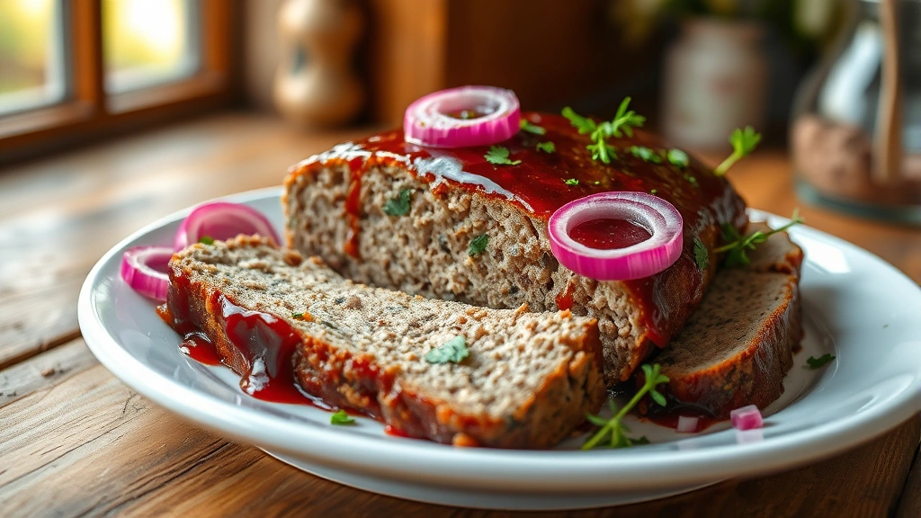 hero: perfectly sliced vegan meatloaf with glossy mahogany glaze on white plate, garnished with fresh herbs and pickled red onions, warm natural window light, rustic wooden table background