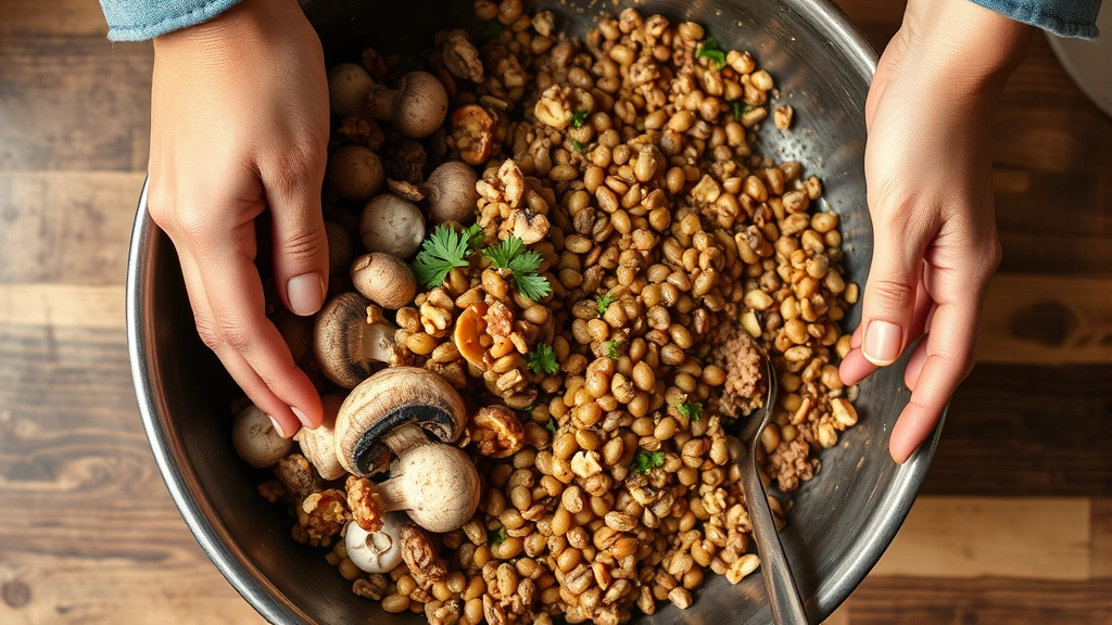 process: hands mixing plant-based meatloaf ingredients in large bowl with mushrooms, walnuts and lentils visible, natural kitchen light, close-up overhead shot