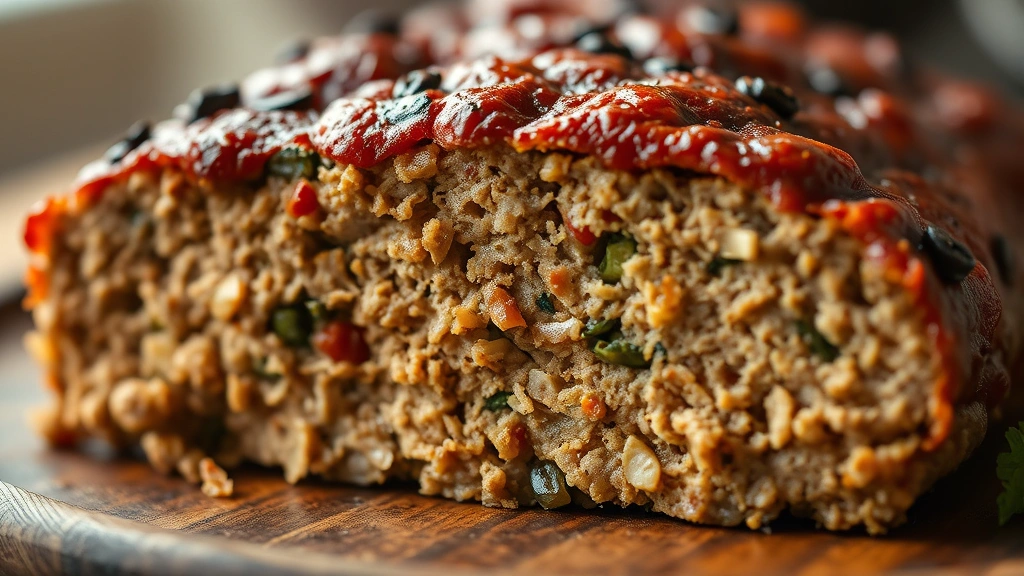 detail: cross-section of sliced vegan meatloaf showing texture and ingredient distribution, golden caramelized exterior with moist interior, shallow depth of field, warm lighting