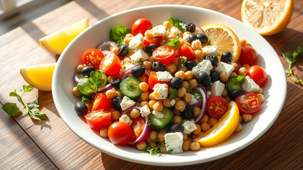 hero: vibrant vegan Mediterranean salad in a large white bowl with cherry tomatoes, cucumbers, red onions, kalamata olives, chickpeas, artichoke hearts, fresh herbs, and vegan feta cheese visible, golden lemon-olive oil dressing glistening, fresh lemon wedges on the side, natural sunlight streaming across wooden table, Mediterranean style plating, photorealistic, no text