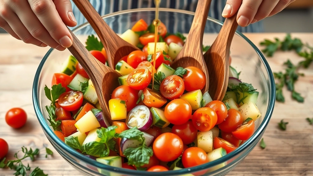 process: hands tossing colorful Mediterranean salad vegetables together in a large mixing bowl with wooden spoons, cherry tomatoes and cucumbers visible mid-toss, golden olive oil drizzling down, fresh herbs scattered, natural kitchen lighting, photorealistic, no text