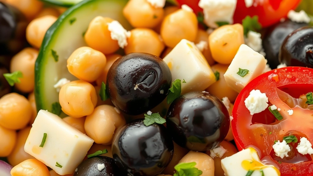 detail: close-up of Mediterranean salad showing texture of kalamata olives, creamy chickpeas, crisp cucumber, vibrant red tomato, purple red onion, fresh green herbs, and crumbled vegan feta cheese, golden dressing coating ingredients, macro photography, natural light, photorealistic, no text