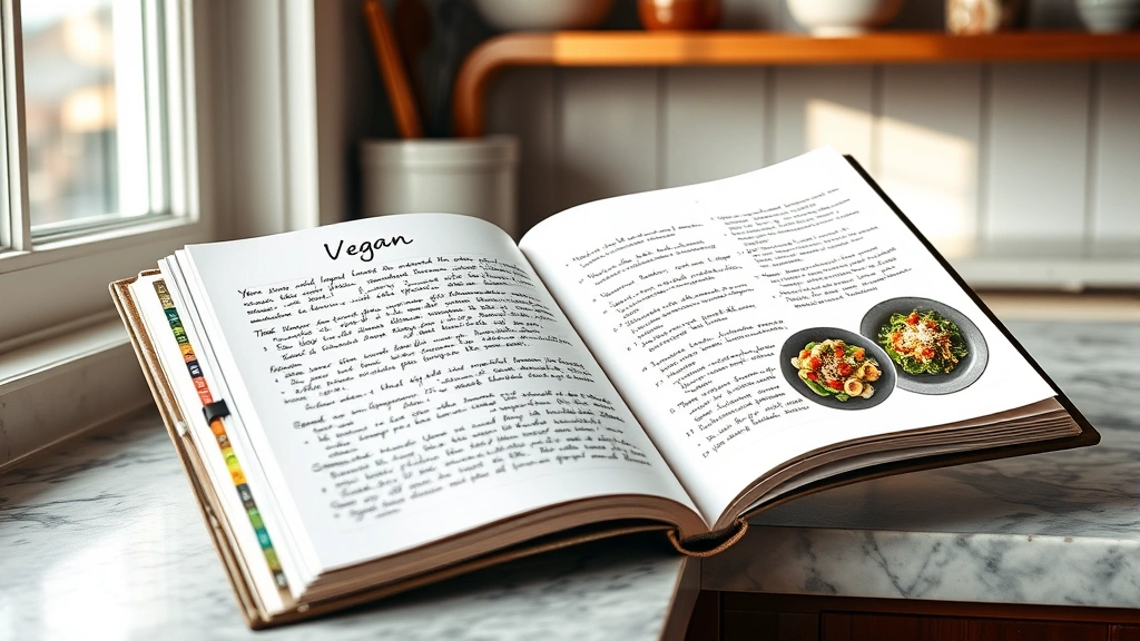 hero: beautifully organized vegan recipe book spread open on kitchen counter with handwritten notes, colorful recipe cards, and photos of plant-based dishes, natural window lighting, flat lay style