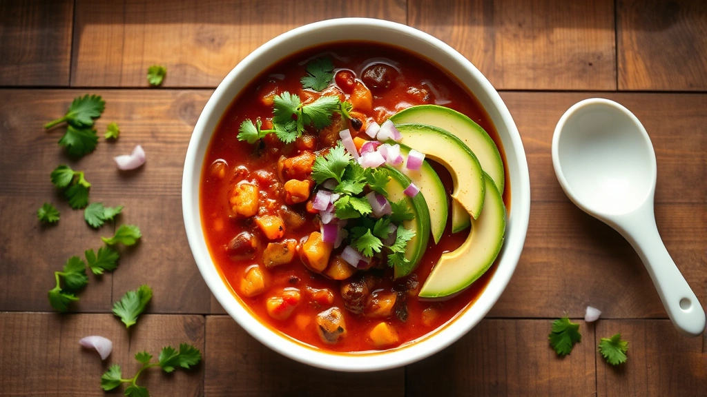 hero: overhead shot of a large white bowl filled with vibrant vegan chili topped with fresh cilantro, diced red onion, and avocado slices, rustic wooden table background, natural window light, steam rising from the bowl, garnishes scattered artfully, no text or logos visible