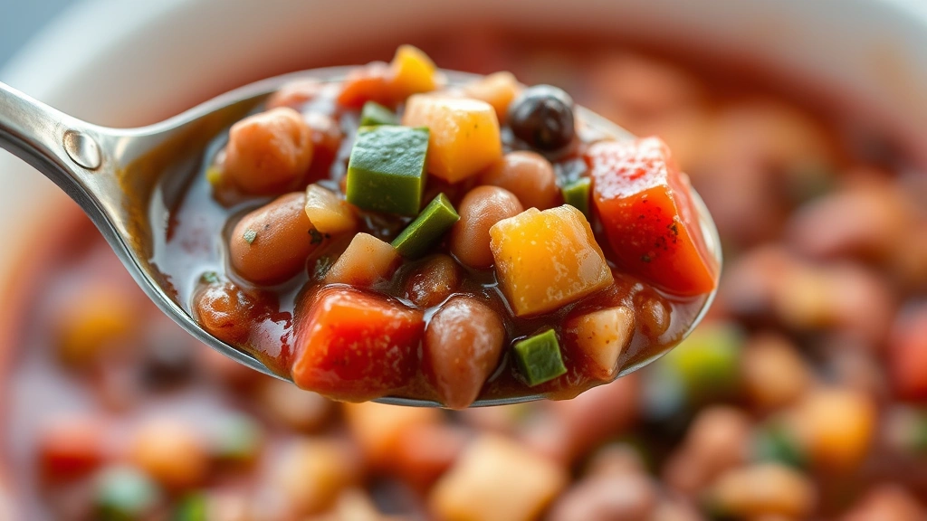 detail: macro shot of a spoonful of vegan chili showing the texture of beans, diced vegetables, and rich tomato sauce, shallow depth of field with blurred background, natural soft lighting highlighting the colors, appetizing and inviting composition