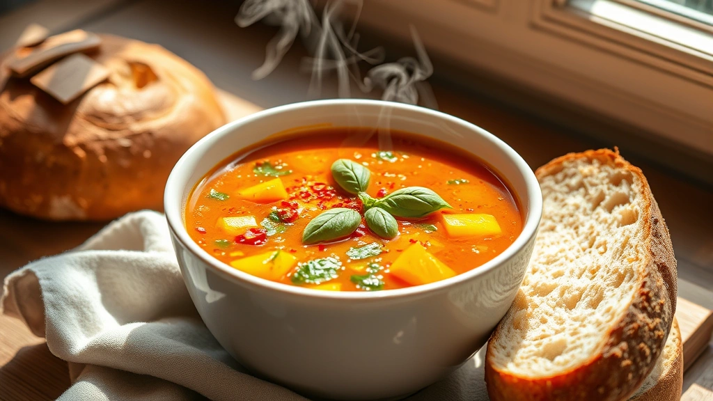 hero: vibrant vegan vegetable soup in a white ceramic bowl, steam rising, garnished with fresh basil and red pepper flakes, crusty bread beside it, natural sunlight streaming in, no text, photorealistic, warm inviting colors
