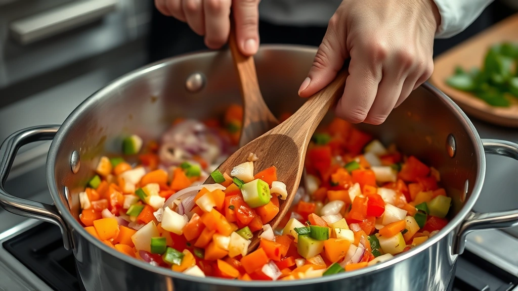 process: chef's hands stirring colorful diced vegetables in a large pot with wooden spoon, garlic and onions visible, oil glistening, professional kitchen lighting, no text, photorealistic, action shot