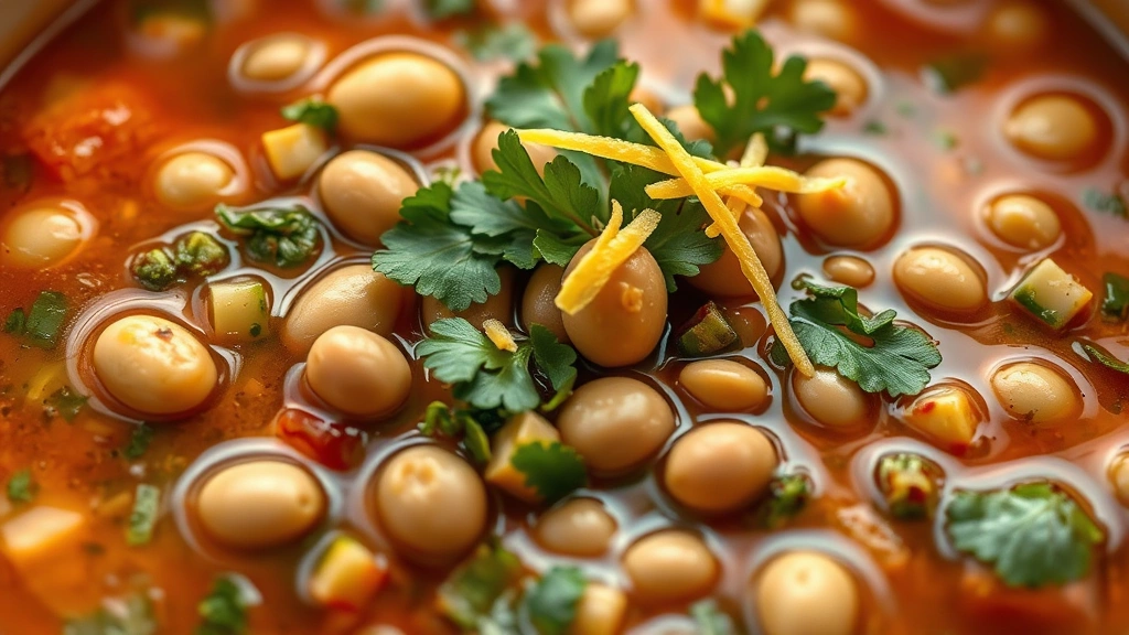 detail: close-up macro of finished soup showing individual beans, diced vegetables, vibrant greens, lemon zest garnish, shallow depth of field, natural light from above, no text, photorealistic, appetizing presentation