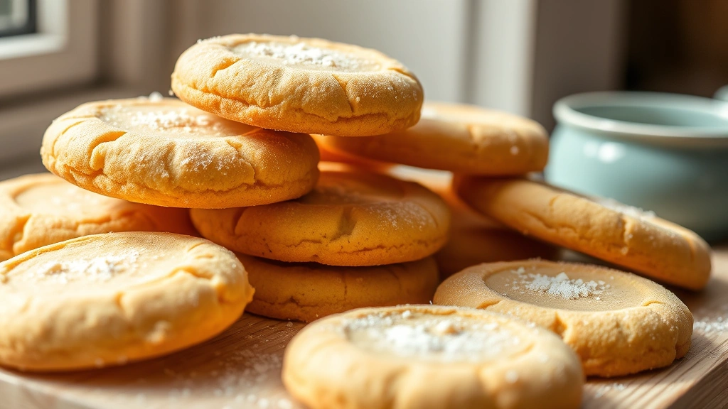 hero: golden vegan sugar cookies stacked with fresh sugar coating, photorealistic, natural window light, warm and inviting, no text