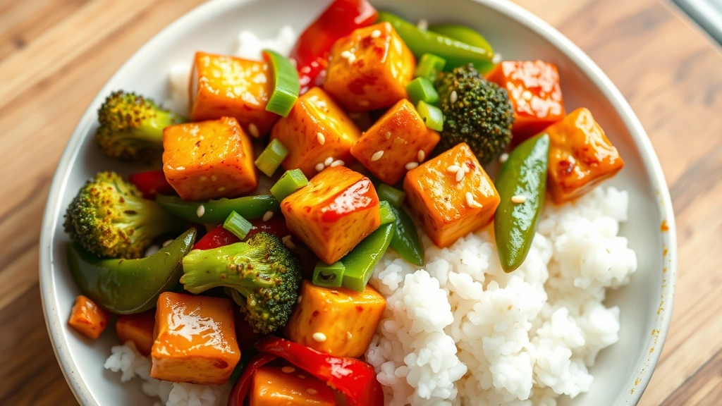 hero: golden-brown crispy tofu stir-fry with broccoli, bell peppers, and snap peas in glossy sauce over white rice, garnished with sesame seeds and green onions, photorealistic, natural bright window light, overhead shot, no text