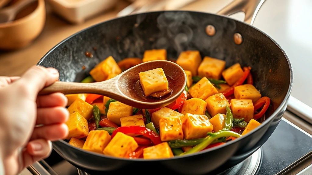 process: hand holding wooden spoon stirring golden tofu cubes and colorful vegetables in wok, glossy sauce coating everything, steam rising, photorealistic, warm kitchen lighting, no text
