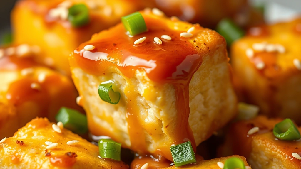 detail: close-up of perfectly crispy golden tofu cube with sauce clinging to it, sesame seeds and green onions scattered around, shallow depth of field, photorealistic, natural light, no text