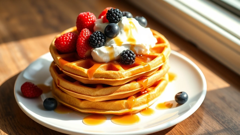 hero: stack of golden-brown vegan waffles topped with fresh berries, maple syrup drizzle, and vegan whipped cream on white plate, photorealistic, natural sunlight streaming across, no text