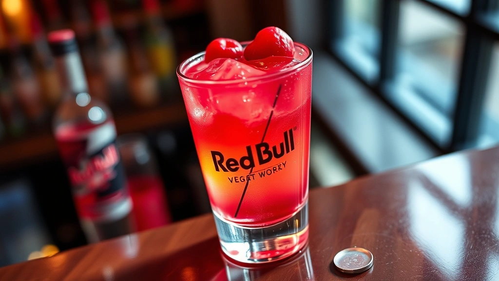 hero: vibrant Vegas Bomb shot in a chilled shot glass with layered cranberry red and peachy tones, topped with fizzy Red Bull, fresh cranberry garnish, professional bar setting, natural window light, overhead angle