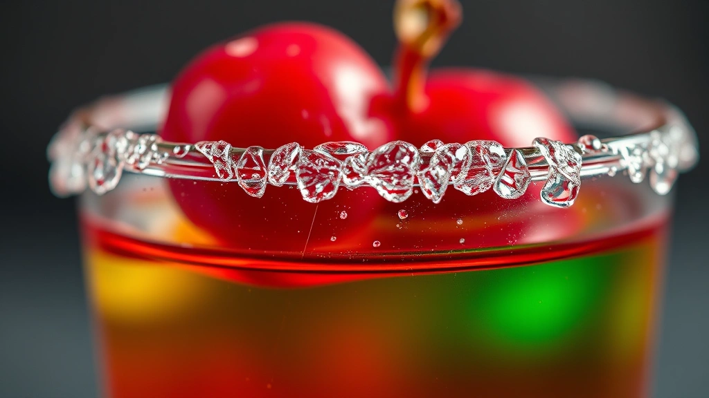 detail: close-up macro shot of condensation on shot glass rim, cranberry garnish, layered liquid colors showing distinct separation of ingredients, shallow depth of field, vibrant and appetizing