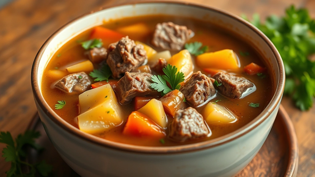 hero: steaming bowl of vegetable beef soup with tender beef chunks and colorful vegetables in rich brown broth, garnished with fresh green parsley, photorealistic, natural warm kitchen lighting, no text