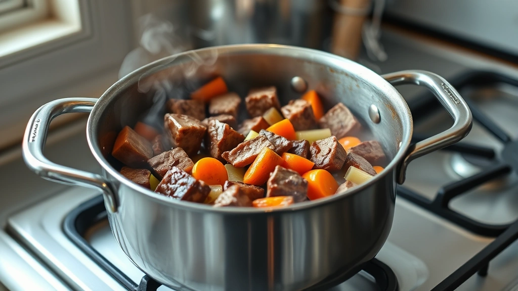 process: Dutch oven on stovetop with browned beef cubes being sautéed with carrots and celery, showing caramelization and steam, photorealistic, natural daylight from kitchen window, no text
