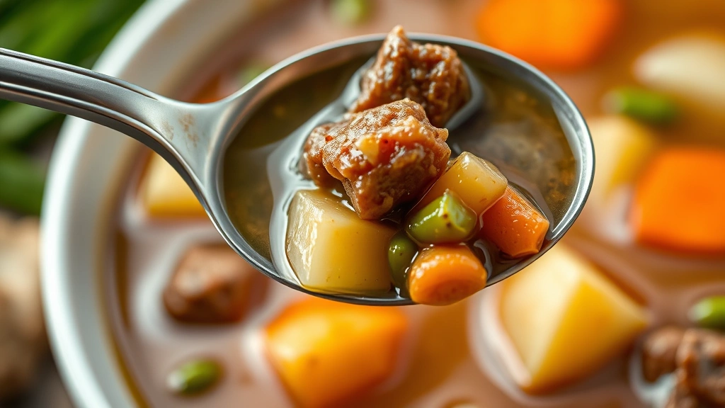 detail: close-up macro shot of spoon lifting soup showing tender beef, carrots, potatoes and green beans suspended in rich broth, photorealistic, warm natural lighting highlighting textures, no text