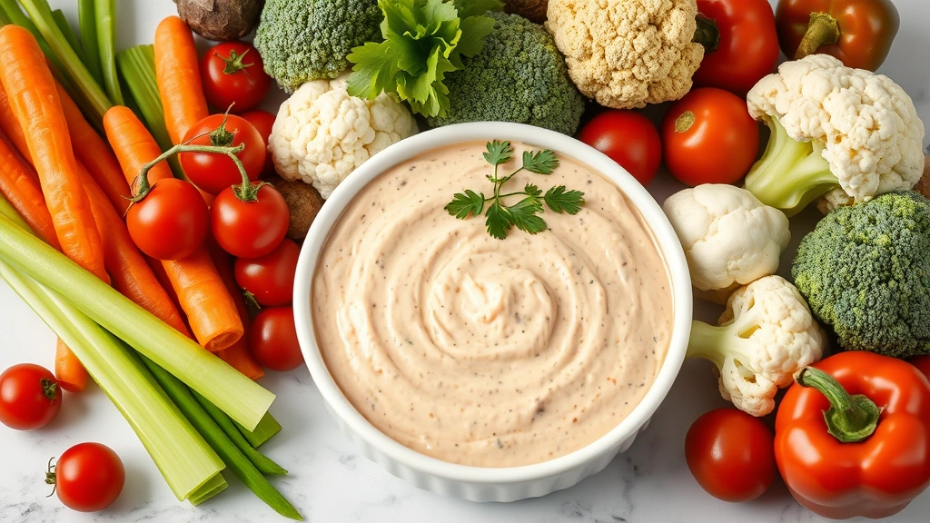 hero: creamy vegetable dip in white ceramic bowl surrounded by colorful fresh vegetables including carrots, celery, cherry tomatoes, broccoli, cauliflower, and bell peppers on white marble surface, photorealistic, natural daylight from left side, garnished with fresh herbs on top, no text