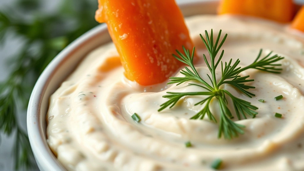 detail: close-up macro shot of creamy vegetable dip with fresh dill and chive garnish, one carrot stick dipping into bowl, photorealistic, soft natural light, shallow depth of field, no text